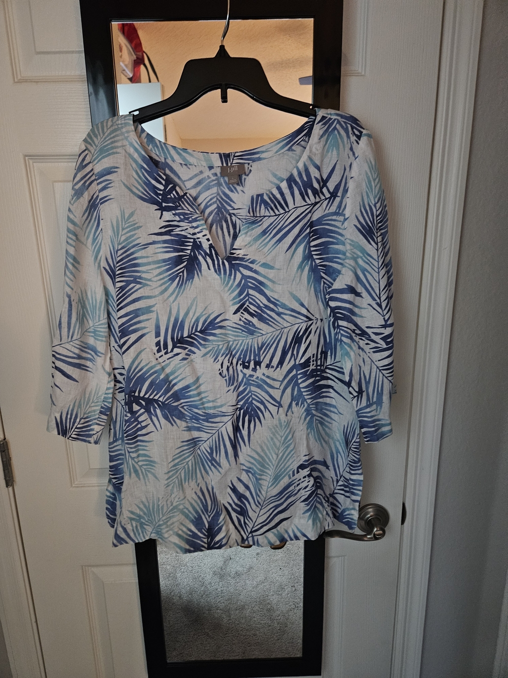 J. Jill 100% Linen Palm Leaf Tropical Tunic Top Blue White Large